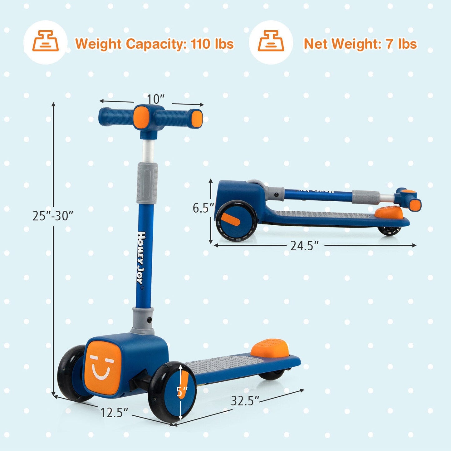 Patinete Plegable Ajustable para Niños con Ruedas LED y Fundas de Emoji - Azul