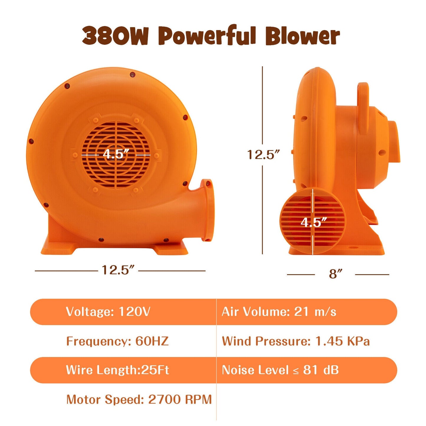 Soplador de Aire de 380W para Inflables con Cable de 25 pies y Enchufe GFCI