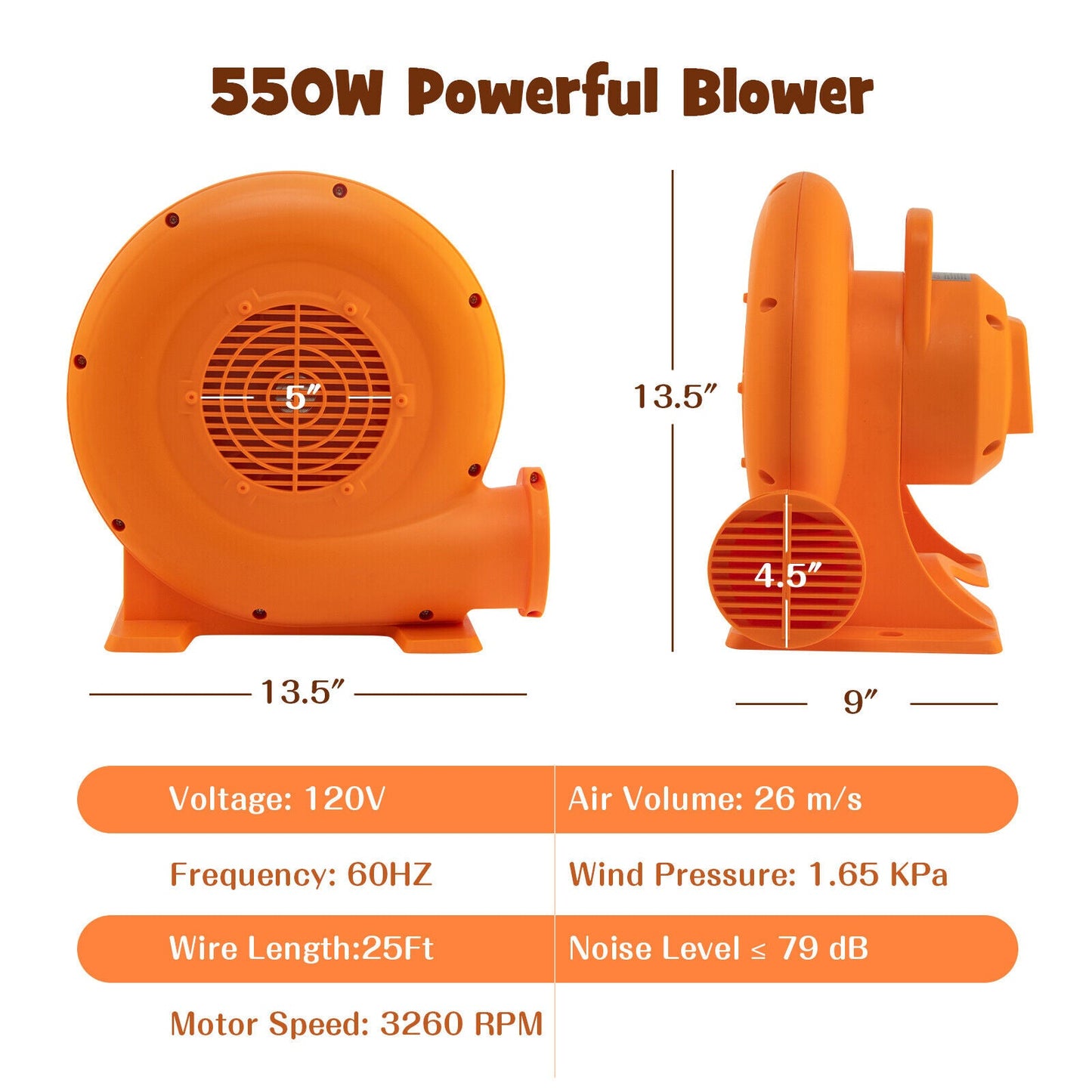 Soplador de Aire de 550W para Inflables con Cable de 25 pies y Enchufe GFCI
