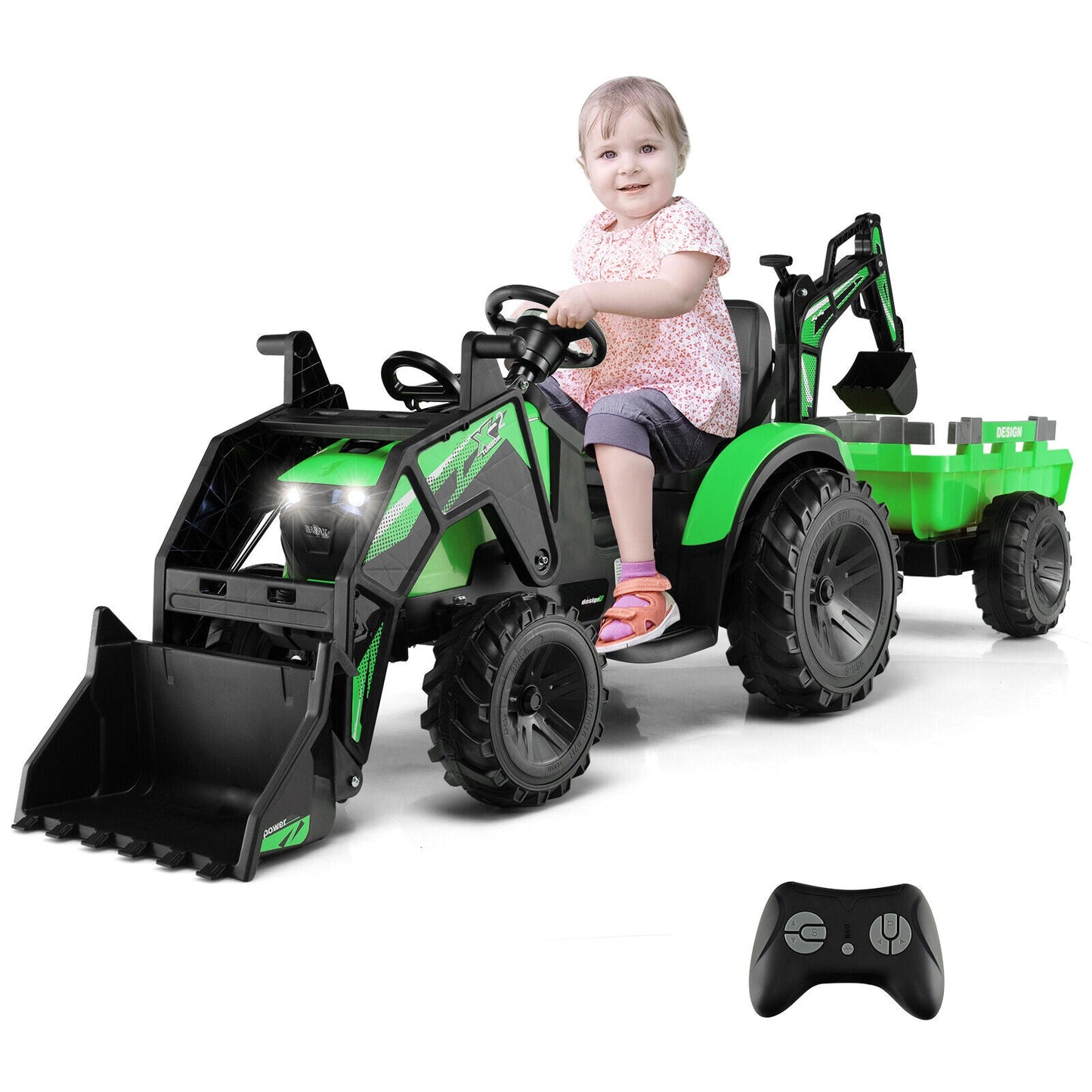 12V 3 in 1 Kids Ride On Excavator with Shovel - Green