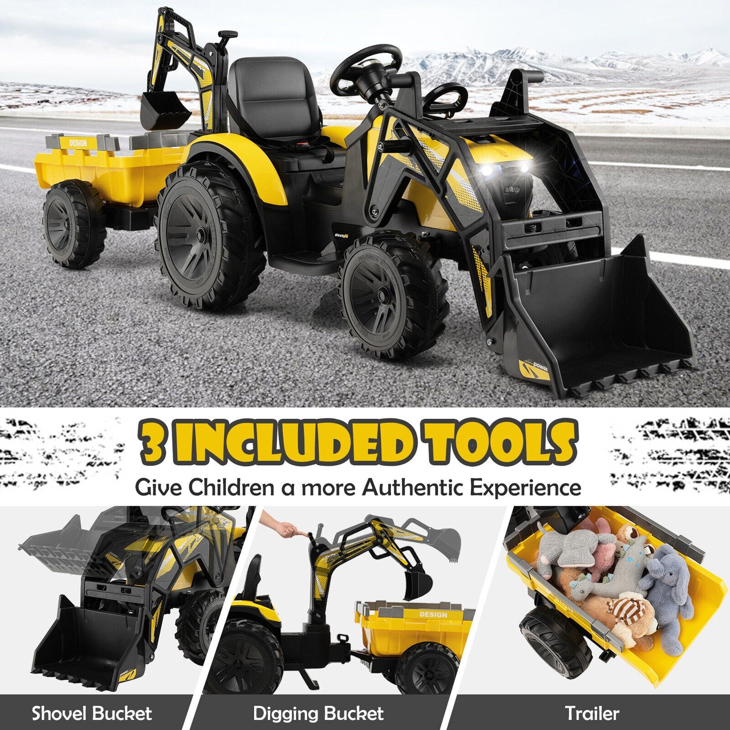 Excavatrice à conduire pour enfants 12V 3 en 1 - Jaune