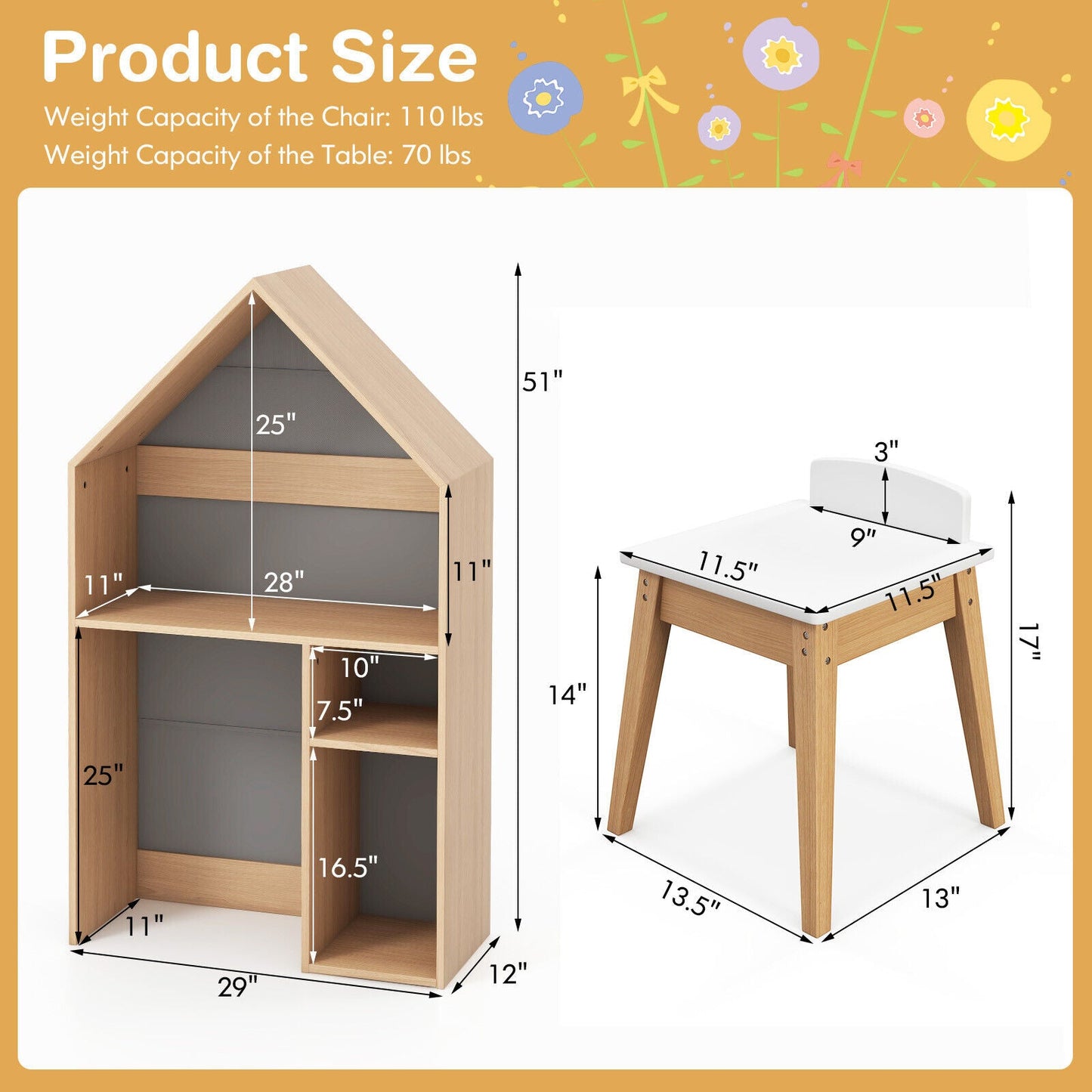2-in-1 Kids House-Shaped Table and Chair Set - Gray