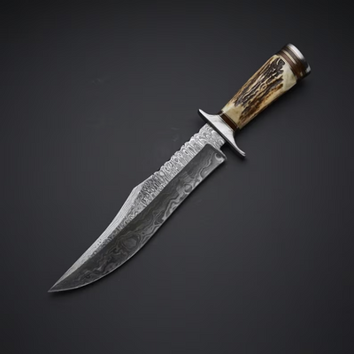 Heritage Hunter: Premium Bowie Knife with Unique Damascus Blade and Antler Handle - Korvel