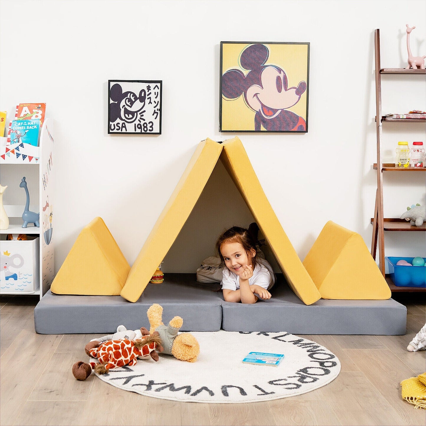 Ensemble de canapé convertible pour enfants en 4 pièces avec tapis pliants - Jaune
