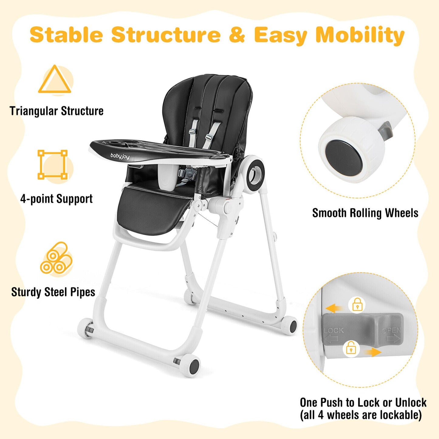 Gbruno Foldable Baby High Chair with Lockable Wheels - Black