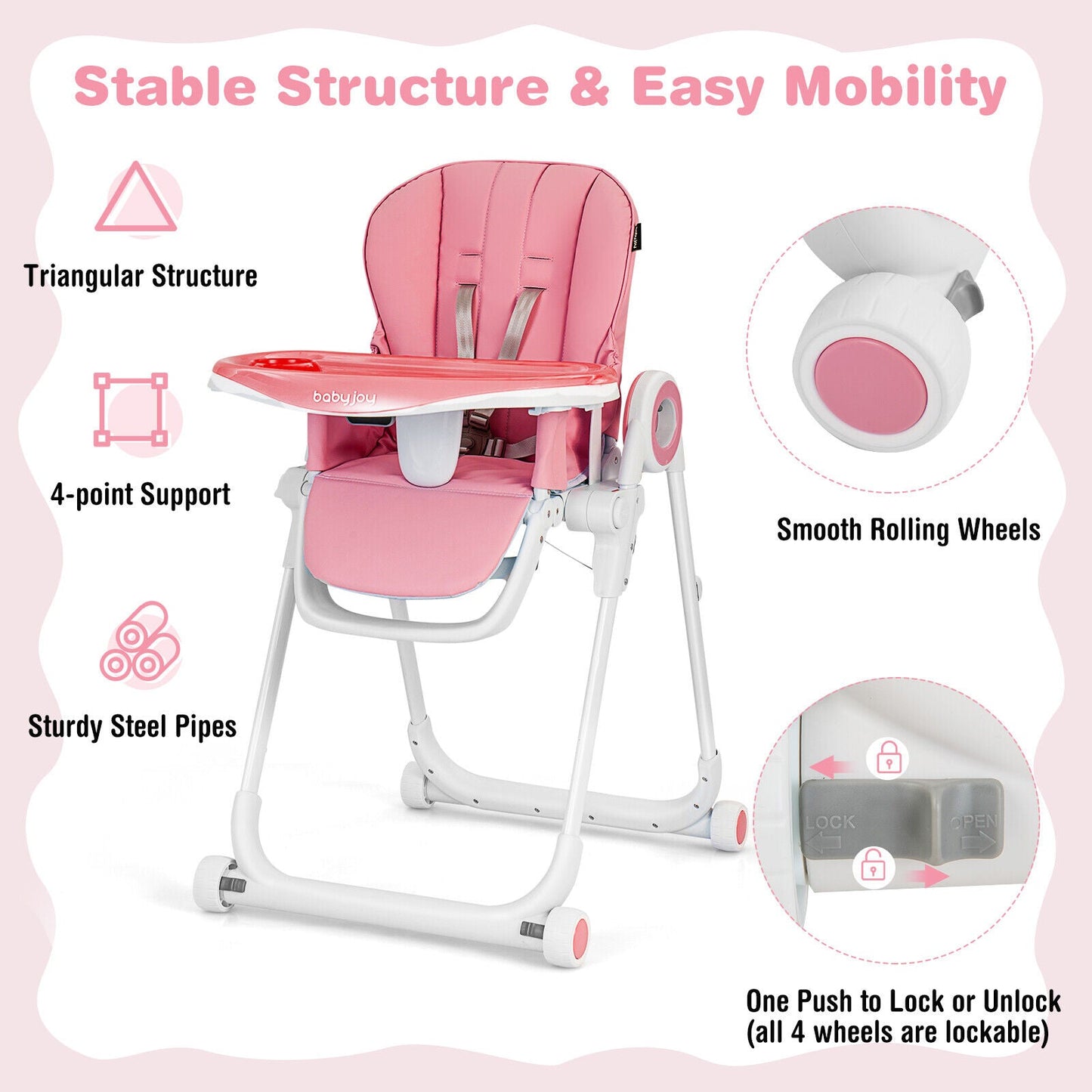 Premium Foldable Baby High Chair with Lockable Wheels - Pink