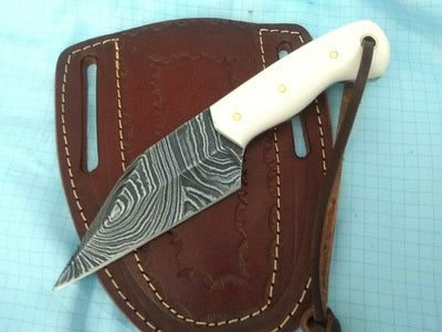 Artisan Crafted Damascus Steel Seax Knife with Bone Grip & Leather Sheath - 7 Inches - Korvel