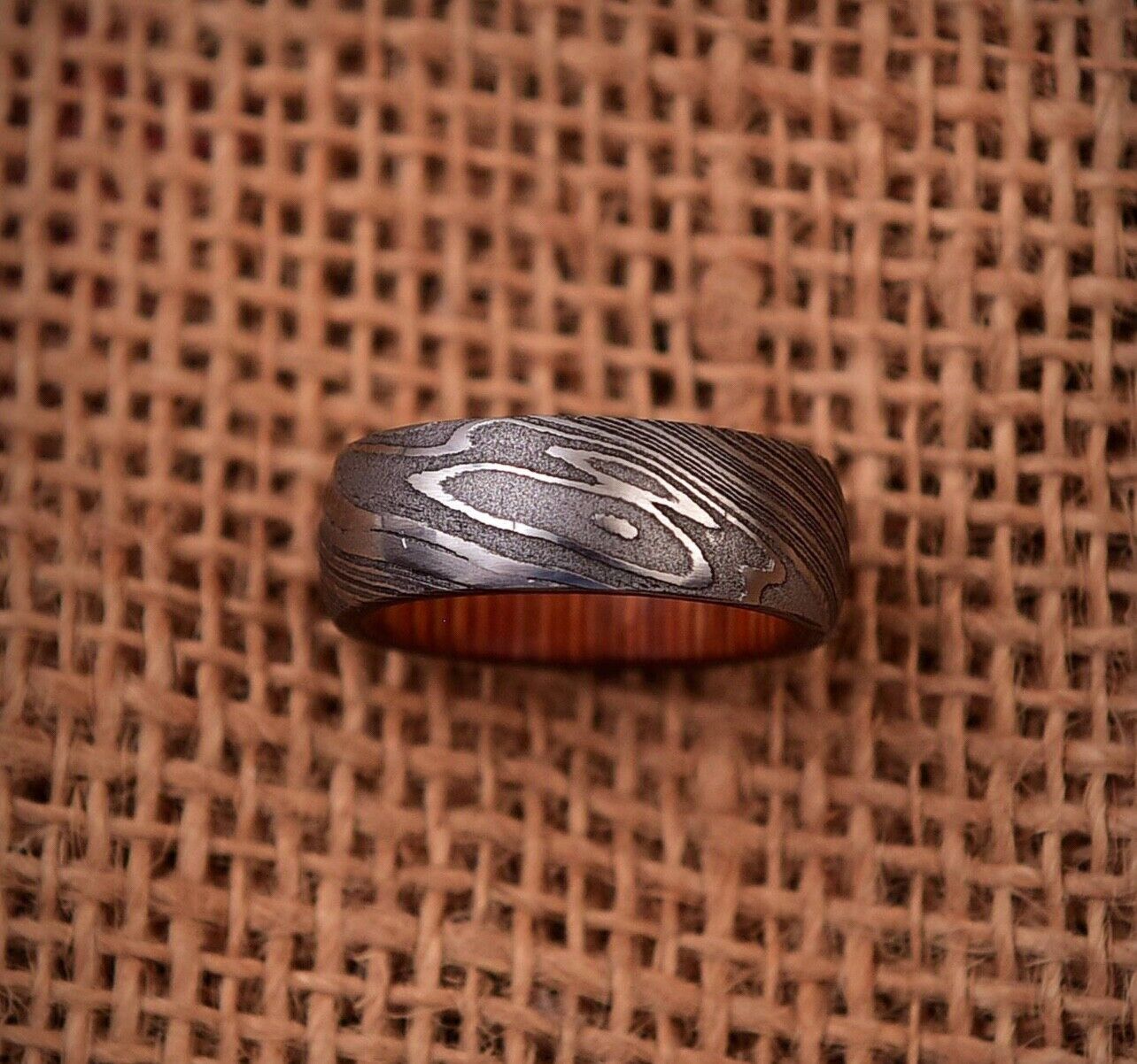 Eternal Connection Damascus Steel Anniversary Ring with Wooden Inlay by KBS Knives Store - Korvel