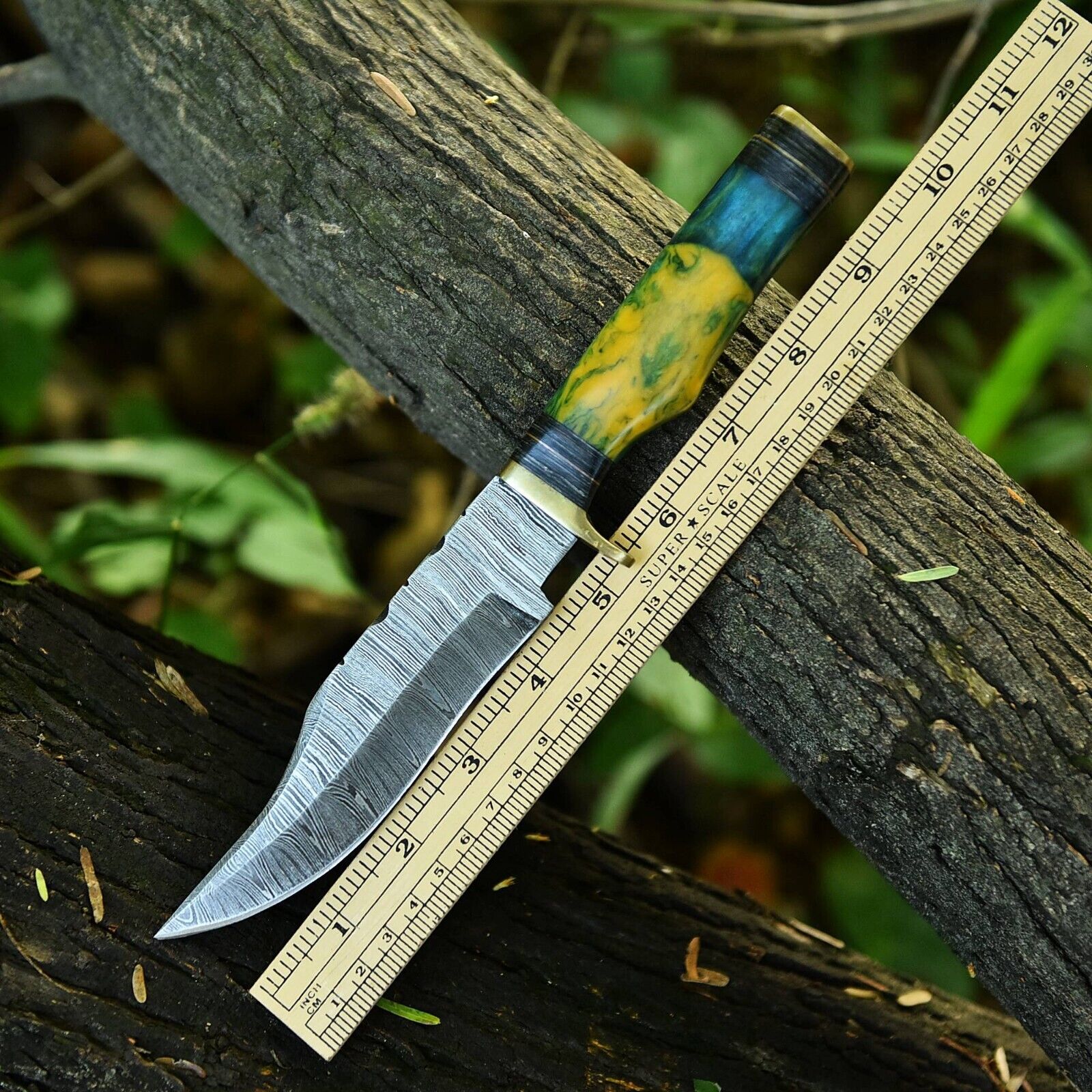 Premium Damascus Steel Hunting Knife – 10" with Elegant Brass Guard & Pakkawood Handle, Includes Leather Sheath - Korvel