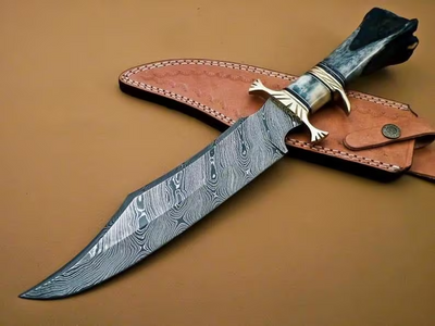 Rugged Bowie Knife: Exquisite Twist Damascus Steel Blade with Bone Handle & Leather Sheath - Korvel