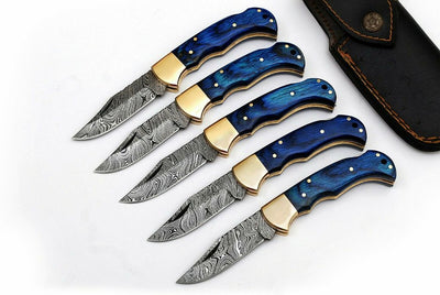 Set of 5 Exquisite Handmade Damascus Steel Folding Knives - Korvel