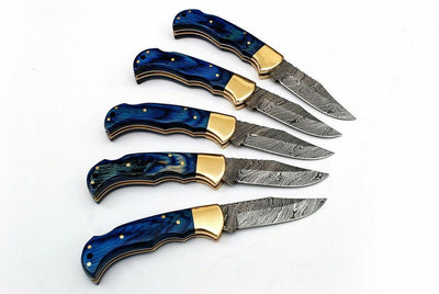 Set of 5 Exquisite Handmade Damascus Steel Folding Knives - Korvel