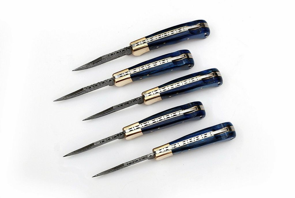 Set of 5 Exquisite Handmade Damascus Steel Folding Knives - Korvel