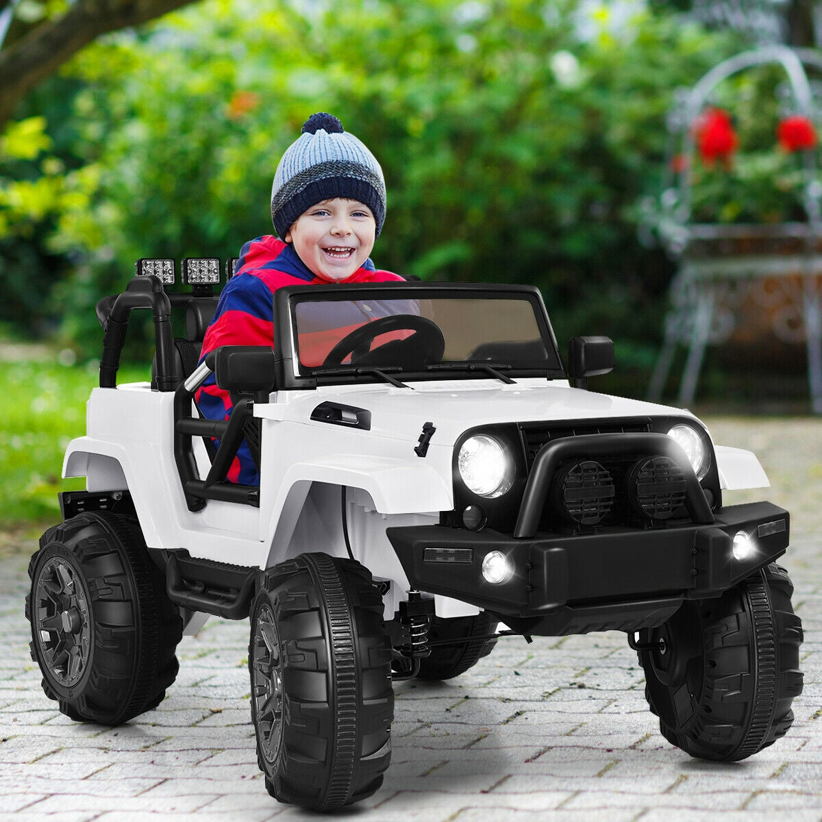 Camion de randonnée télécommandé pour enfants 12V avec lumières LED - Blanc