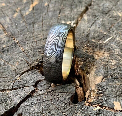 Personalized Damascus Steel Anniversary Band with Elegant Brass Inlay - Korvel