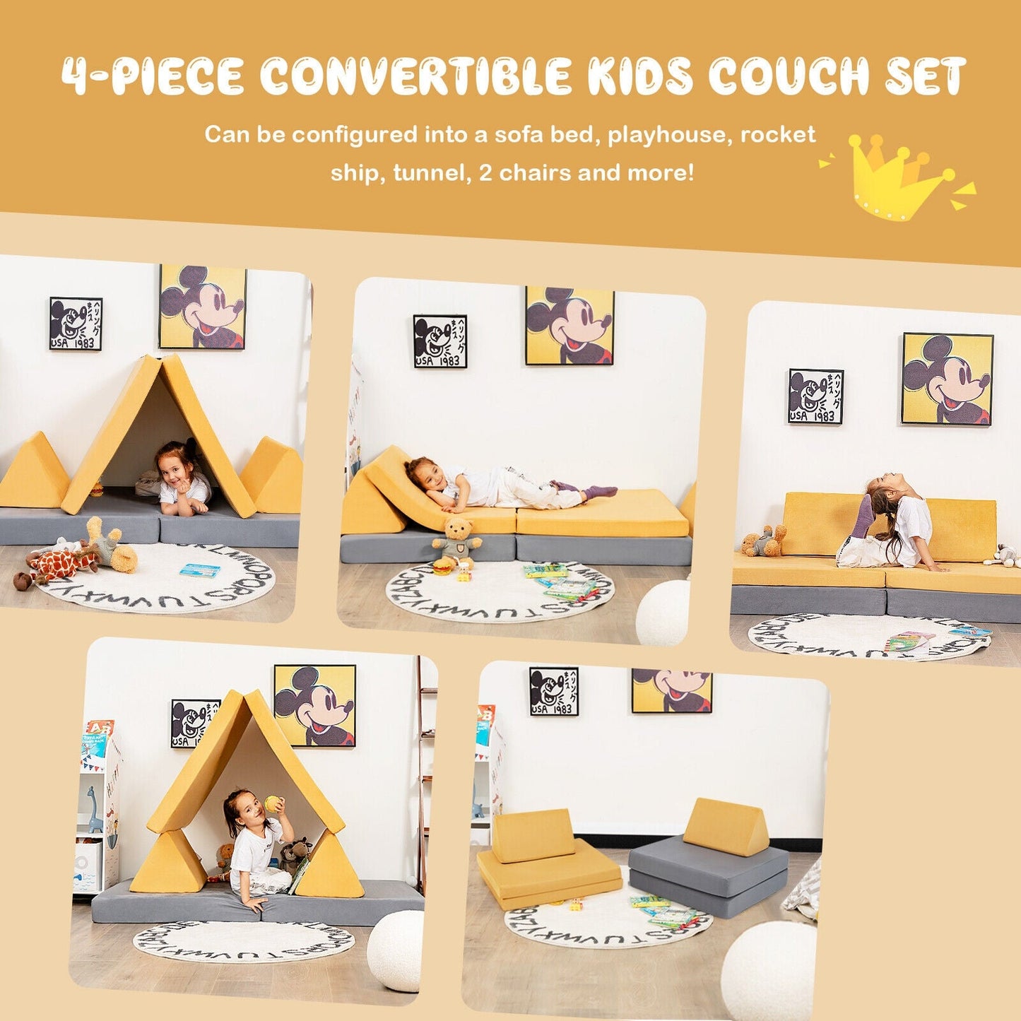 Ensemble de canapé convertible pour enfants en 4 pièces avec tapis pliants - Jaune