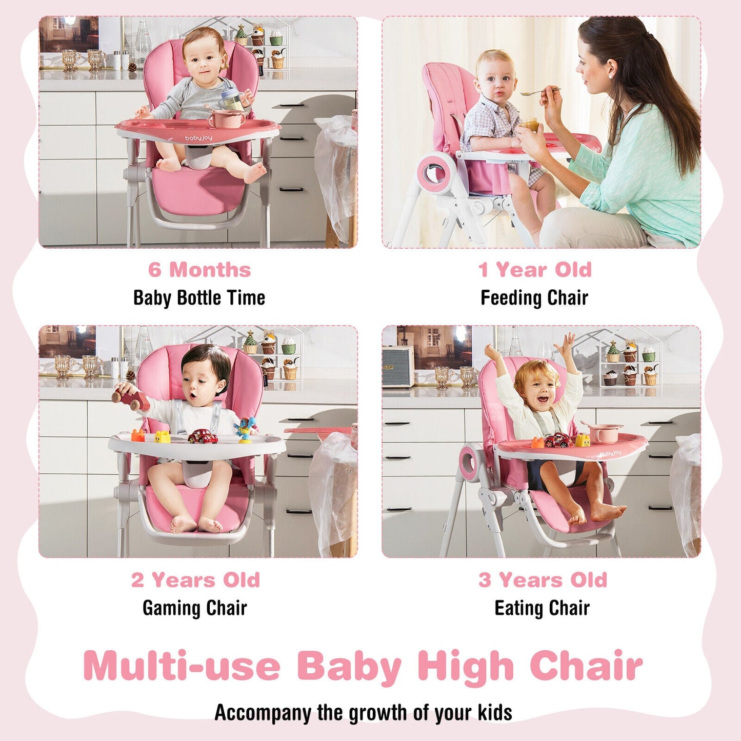 Premium Foldable Baby High Chair with Lockable Wheels - Pink