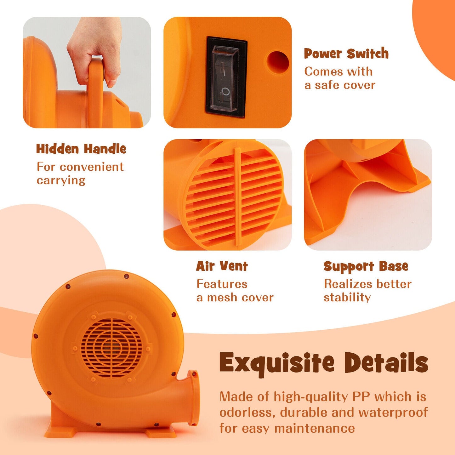 Soplador de Aire de 380W para Inflables con Cable de 25 pies y Enchufe GFCI