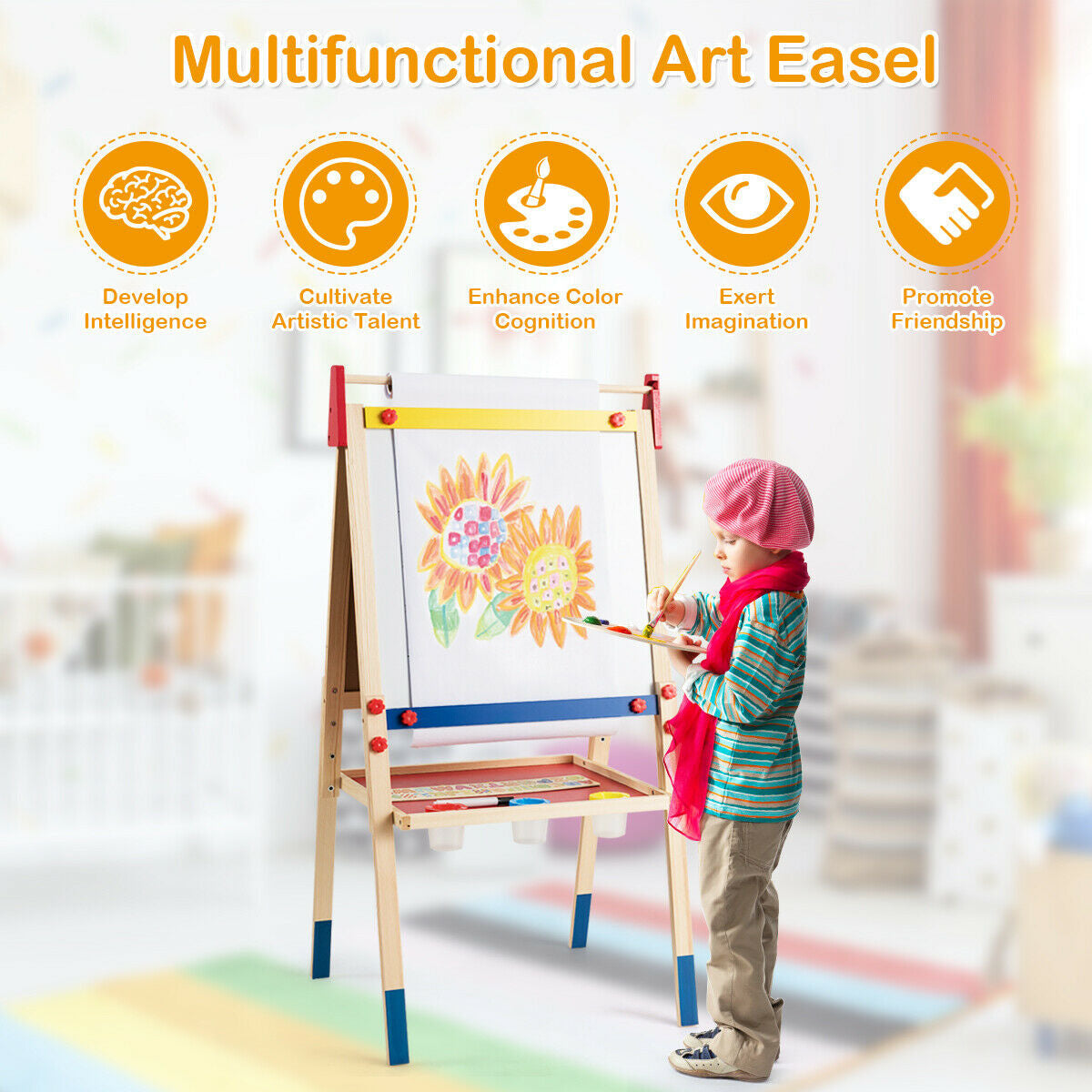 Caballete de Arte Ajustable de Madera Todo en Uno para Niños con Accesorios