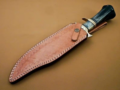 Rugged Bowie Knife: Exquisite Twist Damascus Steel Blade with Bone Handle & Leather Sheath - Korvel