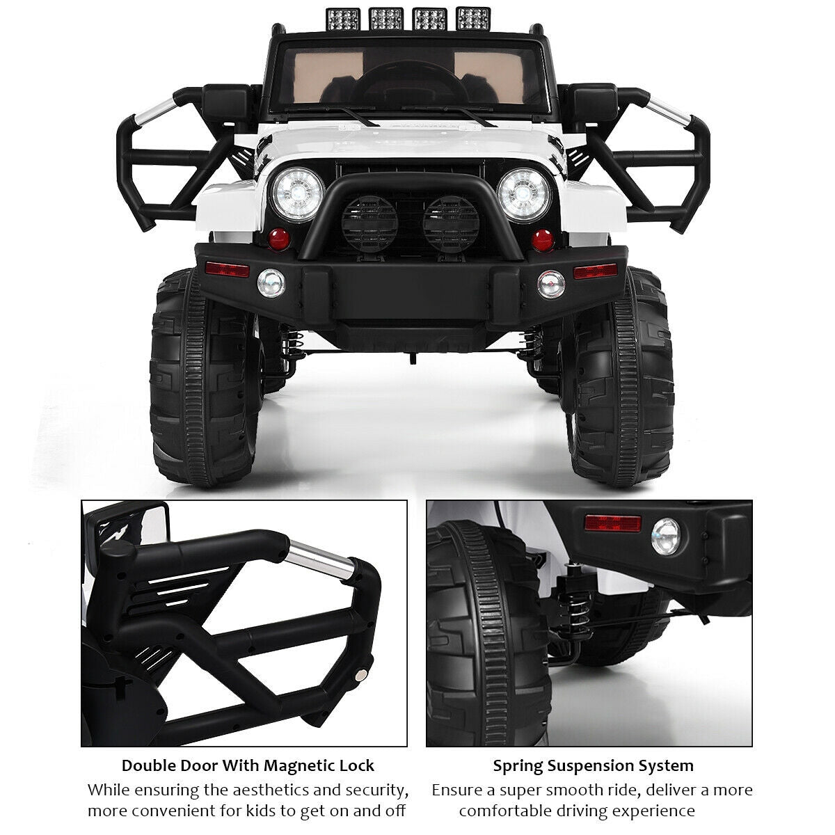 Camion de randonnée télécommandé pour enfants 12V avec lumières LED - Blanc