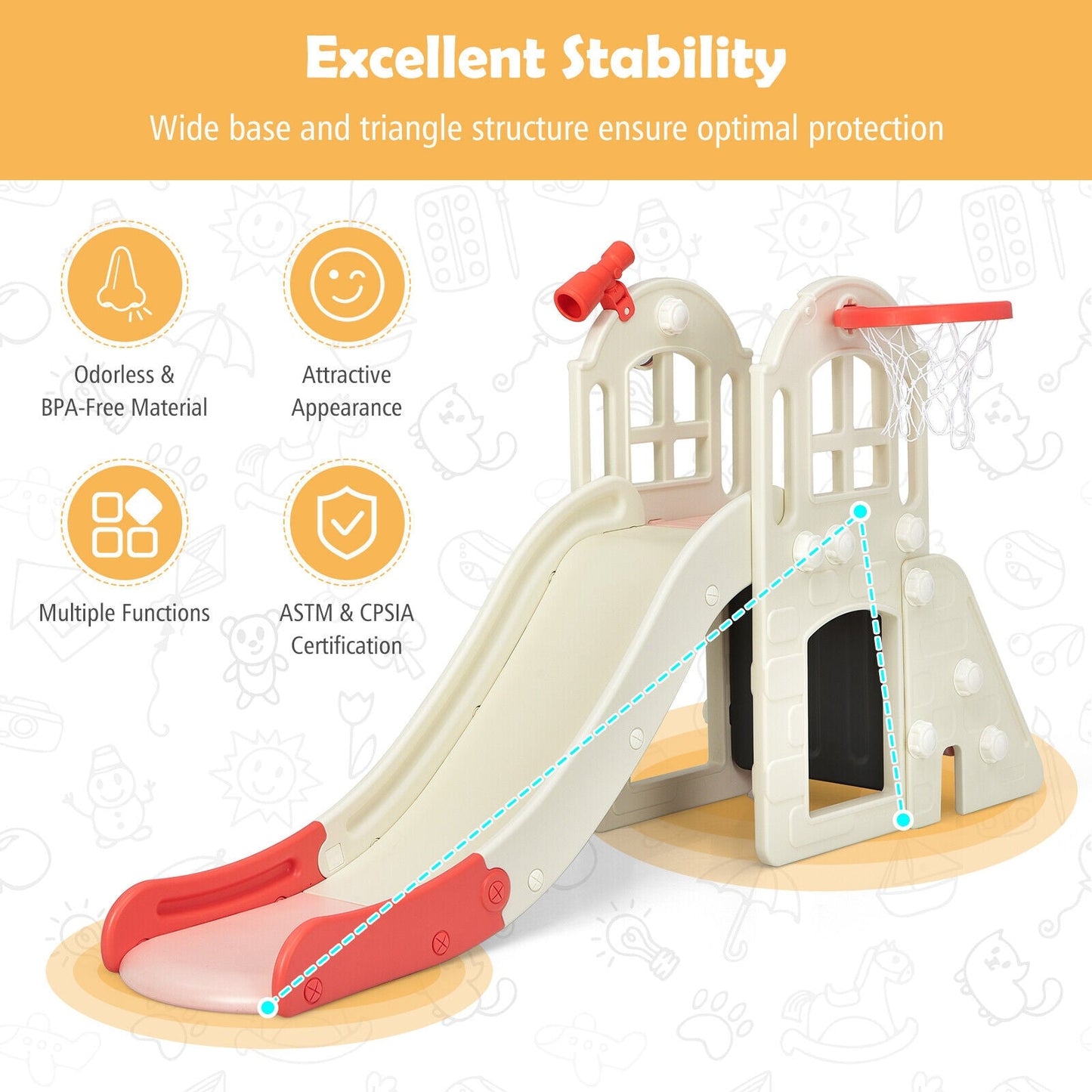 6-In-1 Large Slide Playset with Basketball Hoop - Pink