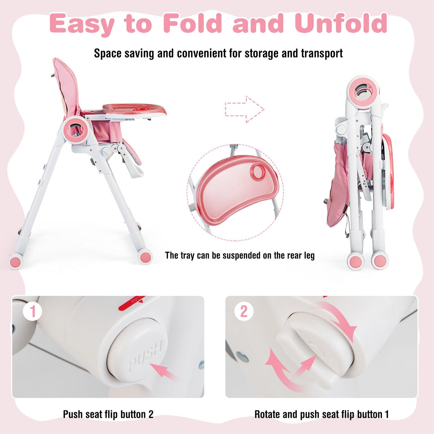 Premium Foldable Baby High Chair with Lockable Wheels - Pink
