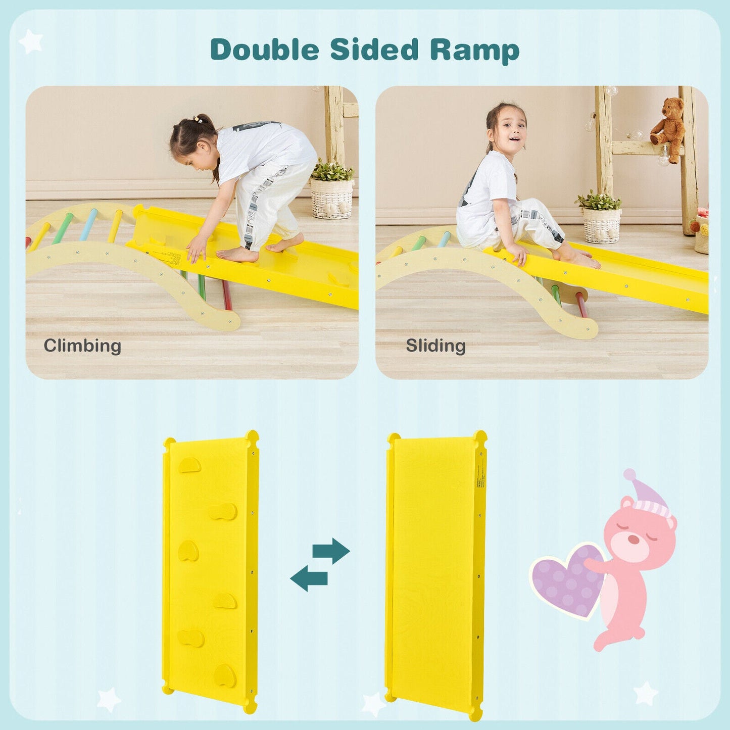3-in-1 Kids Climber Set - Wooden Arch Triangle Rocker