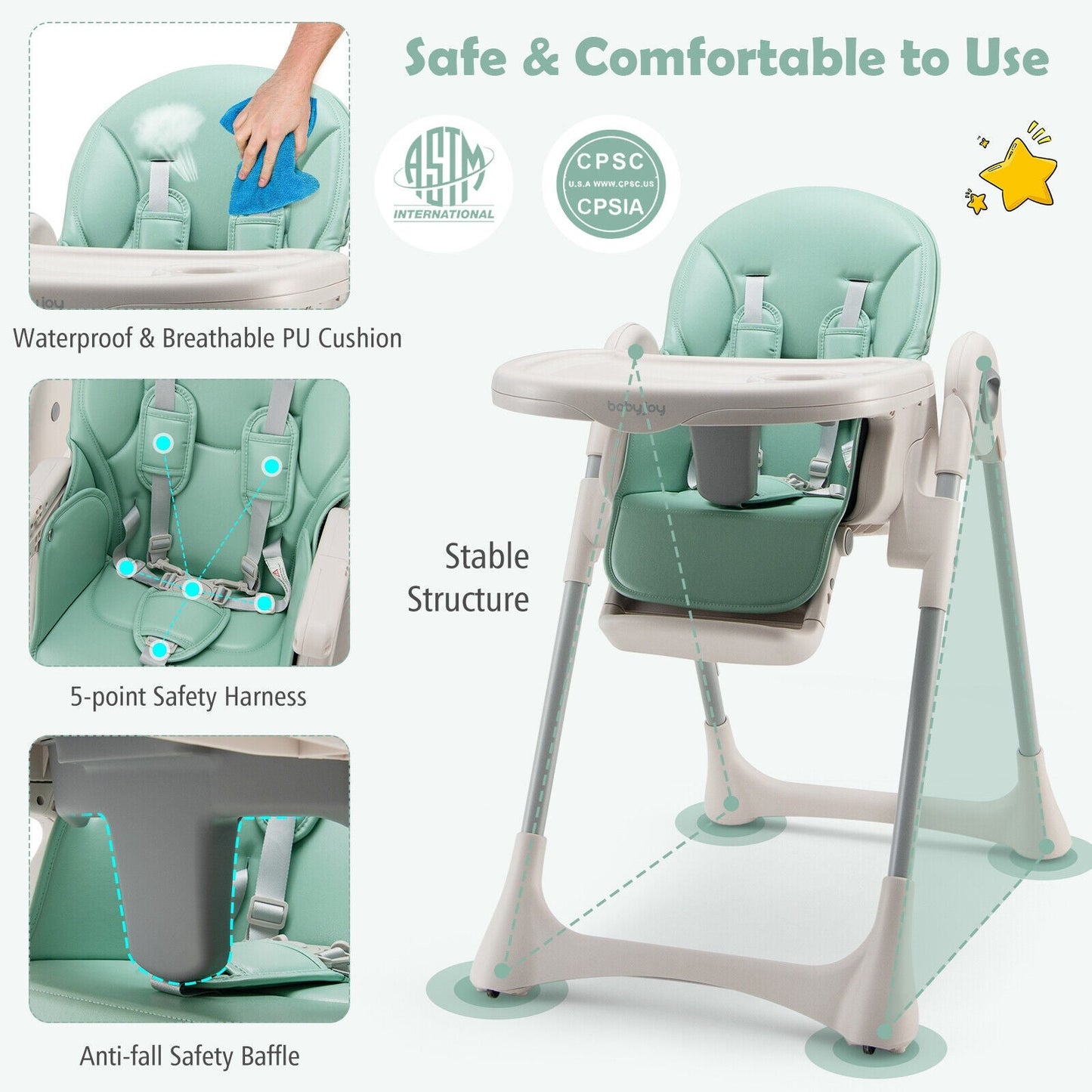 Adjustable Baby Folding High Chair - Green
