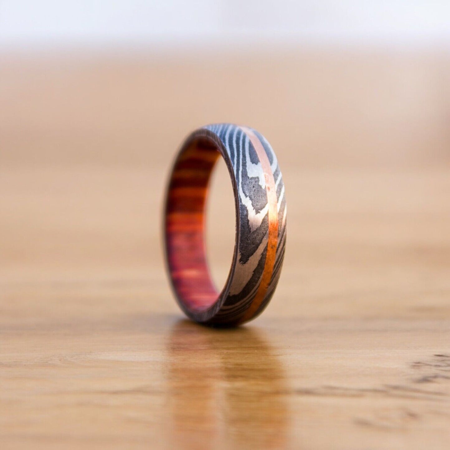 Eternal Bond Damascus Steel Unity Ring with Brass and Wood Inlay by KBS Knives - Korvel
