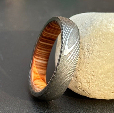 Eternal Bond Damascus Steel Commitment Ring with Wood Inlay by KBS Knives - Korvel