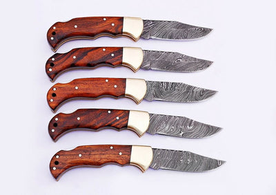 SET OF 5 ARTISAN DAMASCUS STEEL FOLDING KNIVES - Korvel