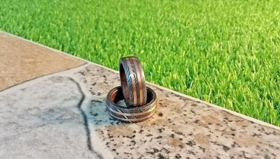 Eternal Bond Damascus Steel Vow Renewal Ring with Copper Accents and RoseWood Inlay by KBS Knives - Korvel