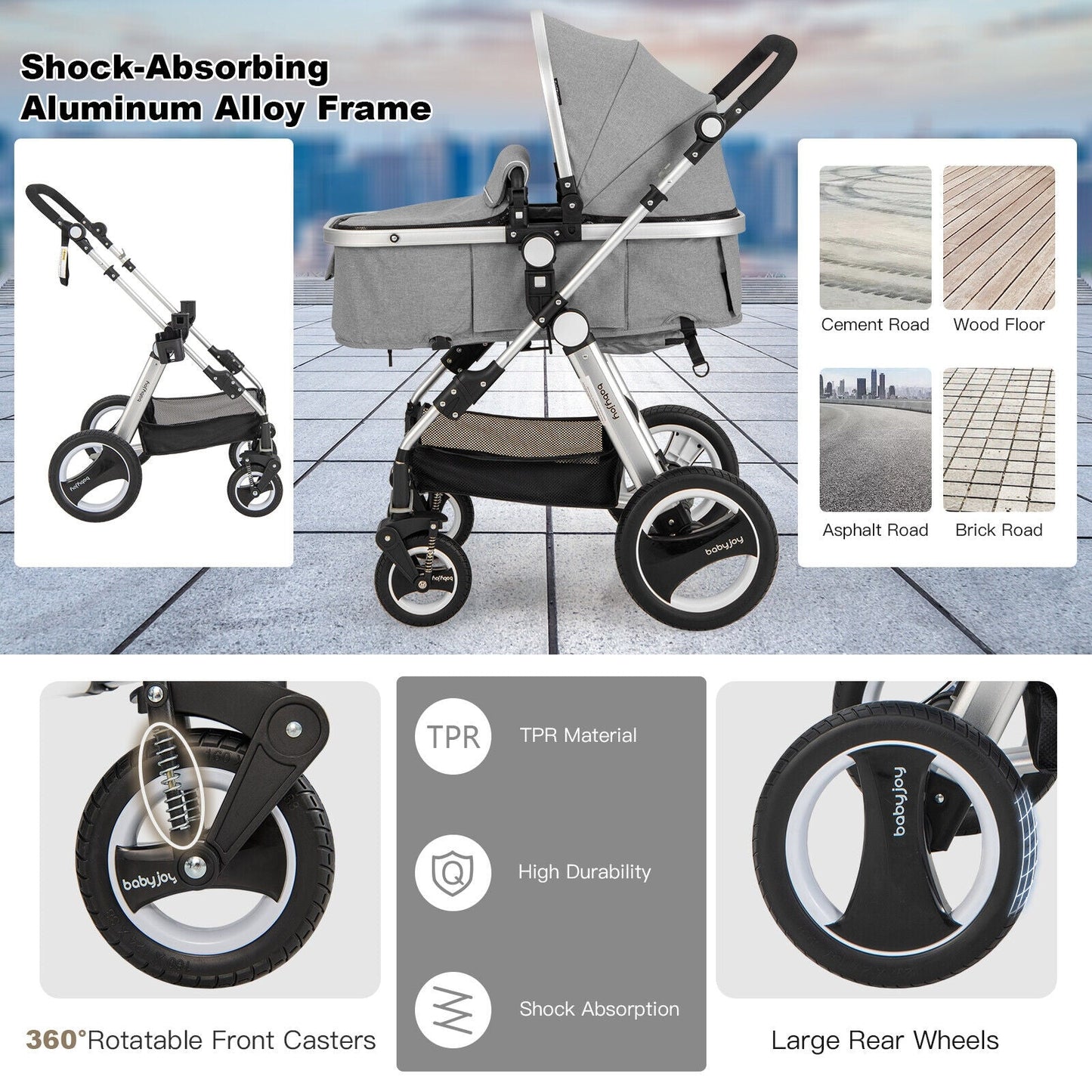 Folding Aluminum Baby Jogger Stroller with Diaper Bag - Gray