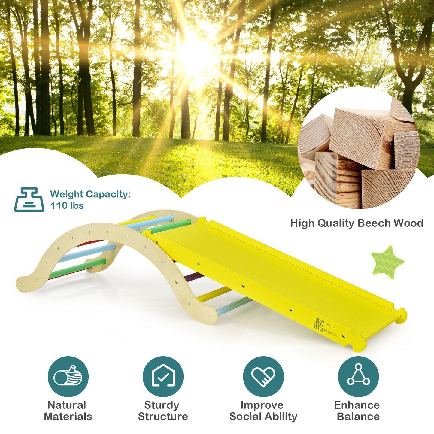3-in-1 Kids Climber Set - Wooden Arch Triangle Rocker