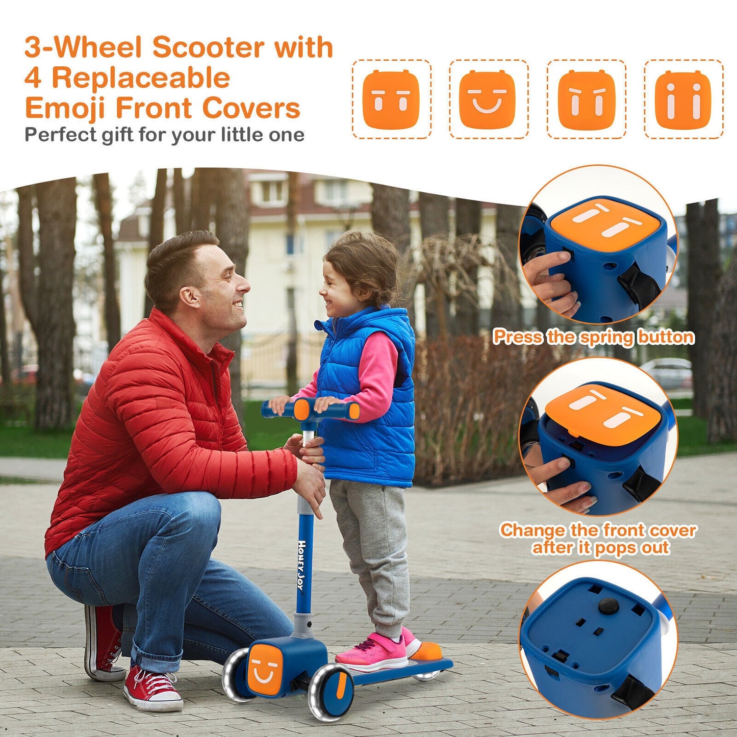 Patinete Plegable Ajustable para Niños con Ruedas LED y Fundas de Emoji - Azul