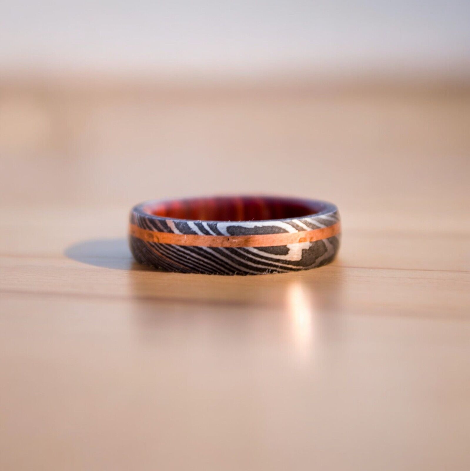 Eternal Bond Damascus Steel Unity Ring with Brass and Wood Inlay by KBS Knives - Korvel
