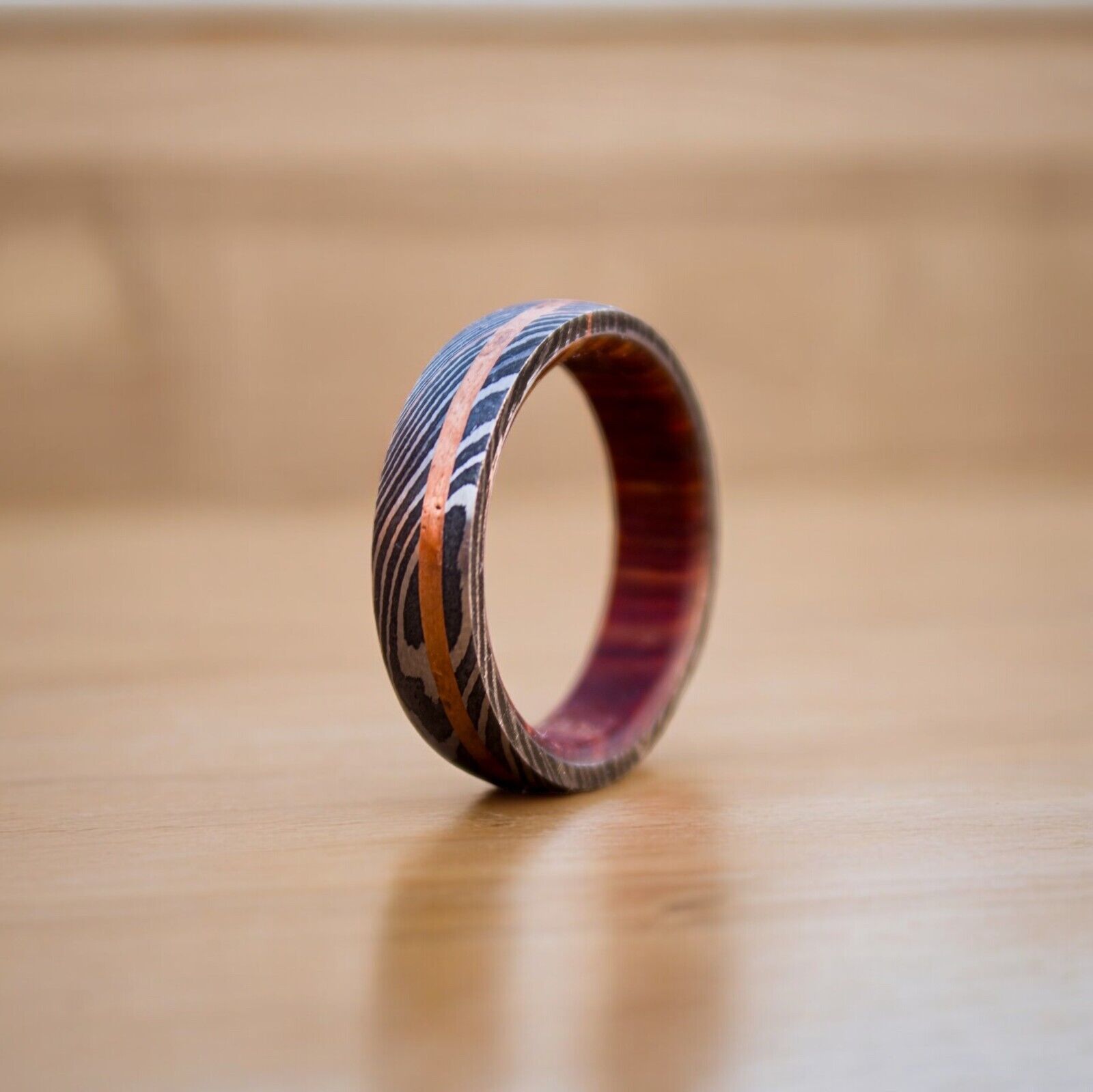 Eternal Bond Damascus Steel Unity Ring with Brass and Wood Inlay by KBS Knives - Korvel