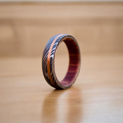 Eternal Bond Damascus Steel Unity Ring with Brass and Wood Inlay by KBS Knives - Korvel
