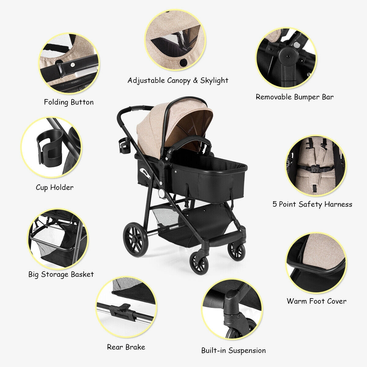 Gbruno 2-in-1 Foldable Baby Stroller - Coffee