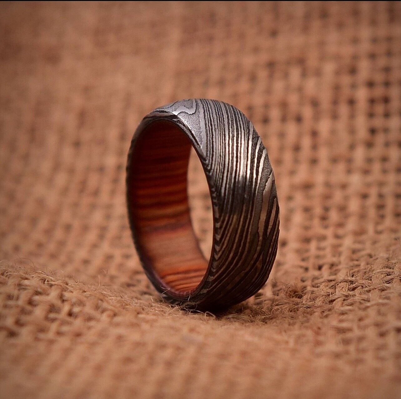 Eternal Connection Damascus Steel Anniversary Ring with Wooden Inlay by KBS Knives Store - Korvel