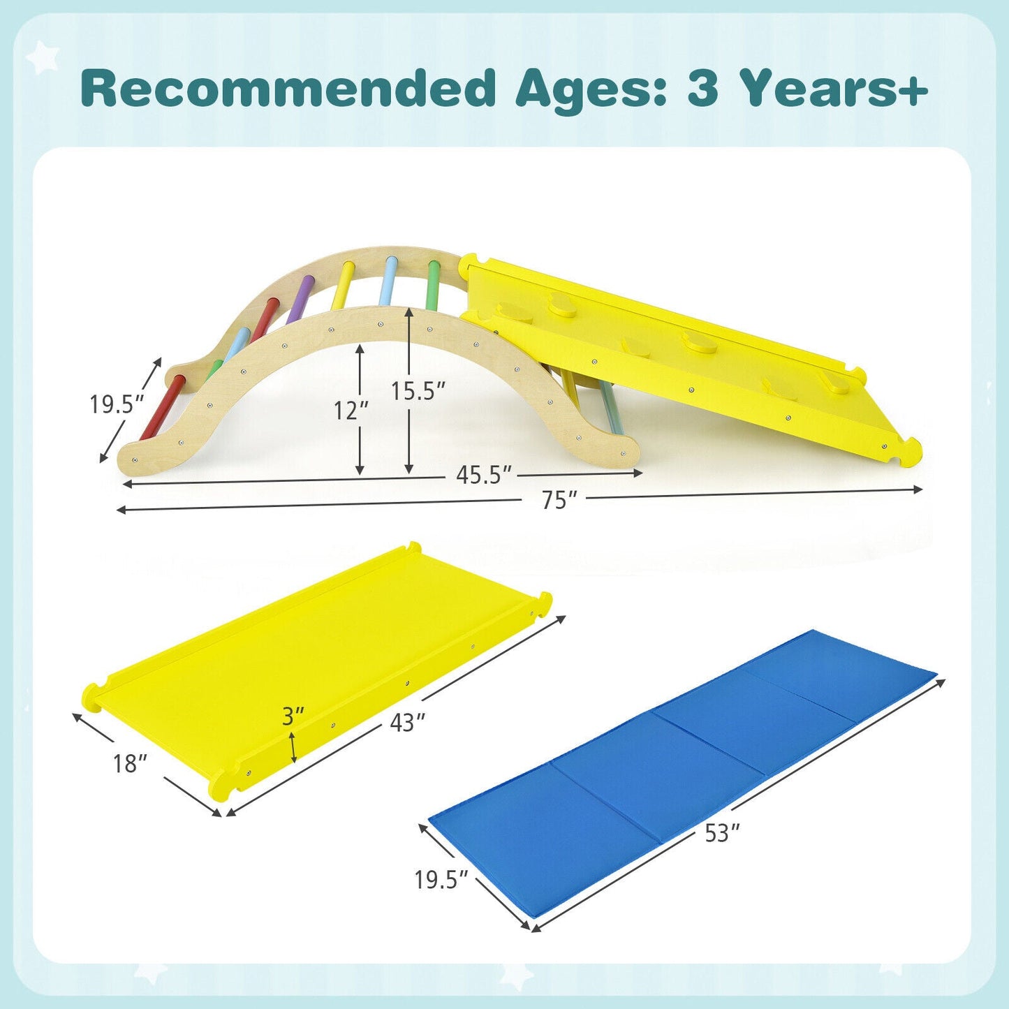 3-in-1 Kids Climber Set - Wooden Arch Triangle Rocker