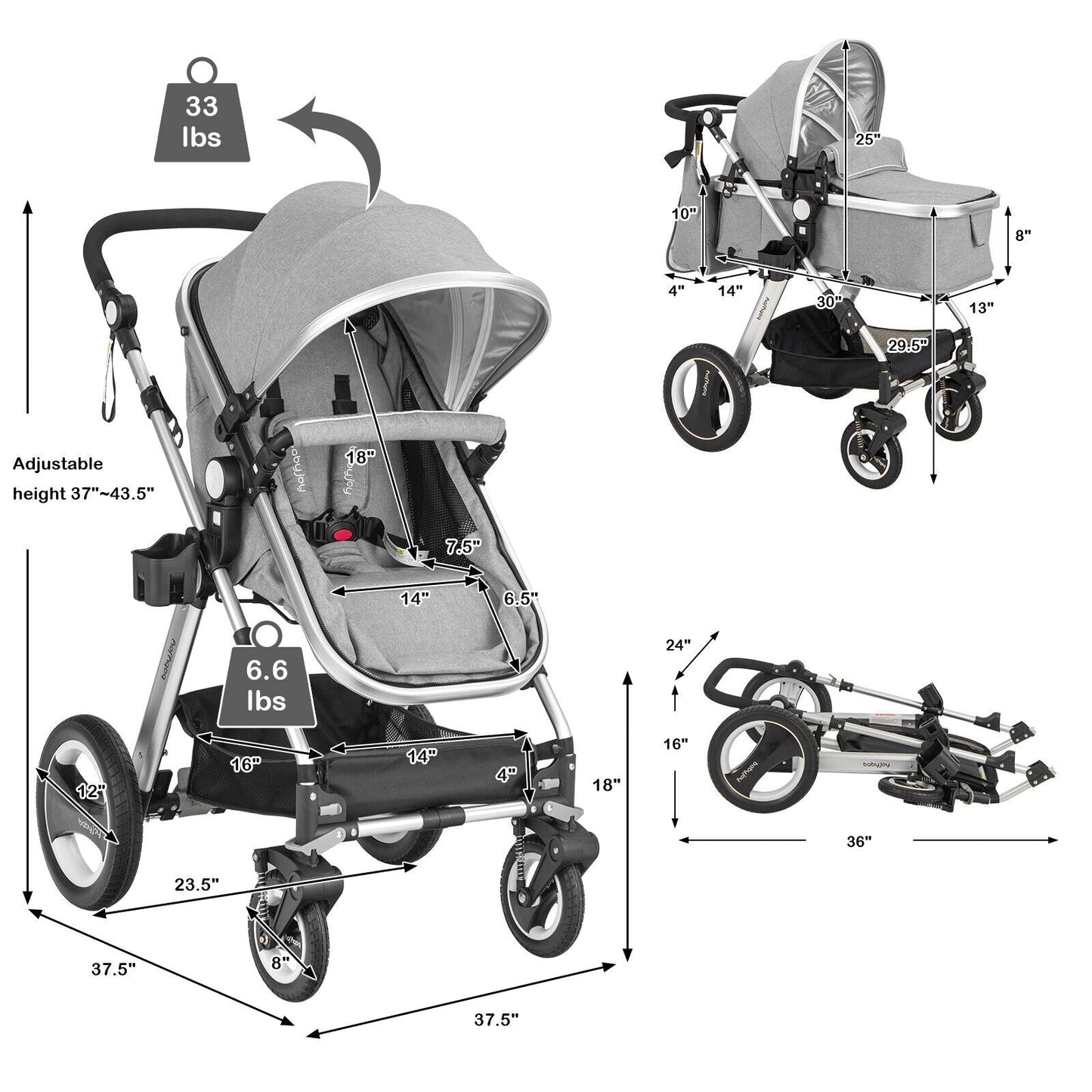 Folding Aluminum Baby Jogger Stroller with Diaper Bag - Gray