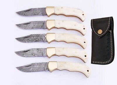 Set of 5 Exquisite Handmade Damascus Steel Folding Knives - Korvel