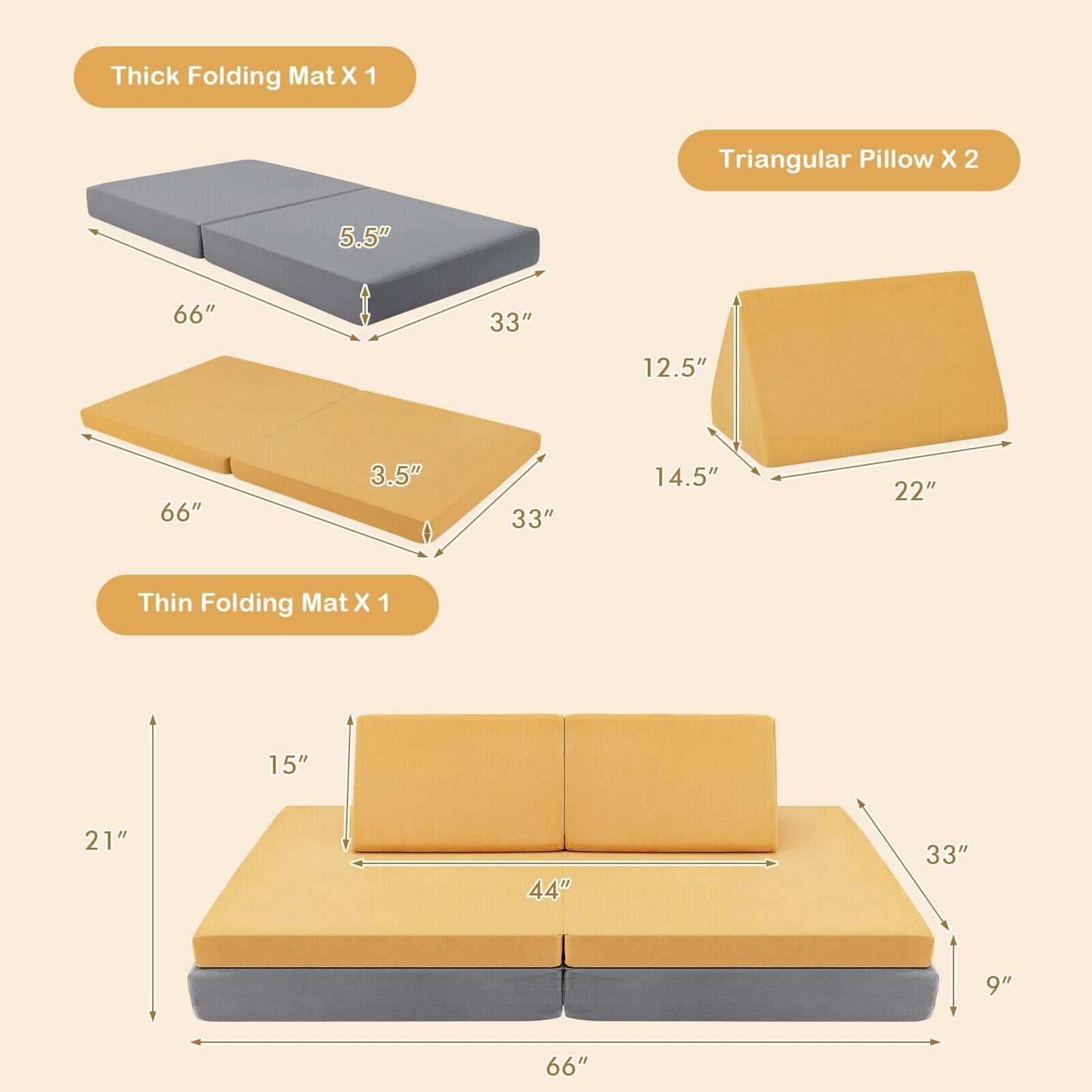Ensemble de canapé convertible pour enfants en 4 pièces avec tapis pliants - Jaune