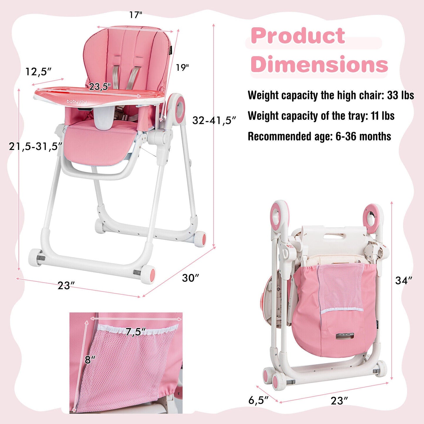 Premium Foldable Baby High Chair with Lockable Wheels - Pink