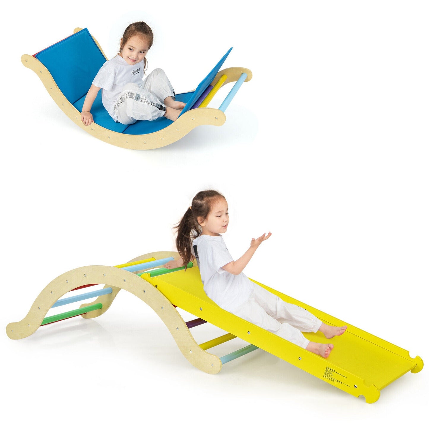 3-in-1 Kids Climber Set - Wooden Arch Triangle Rocker
