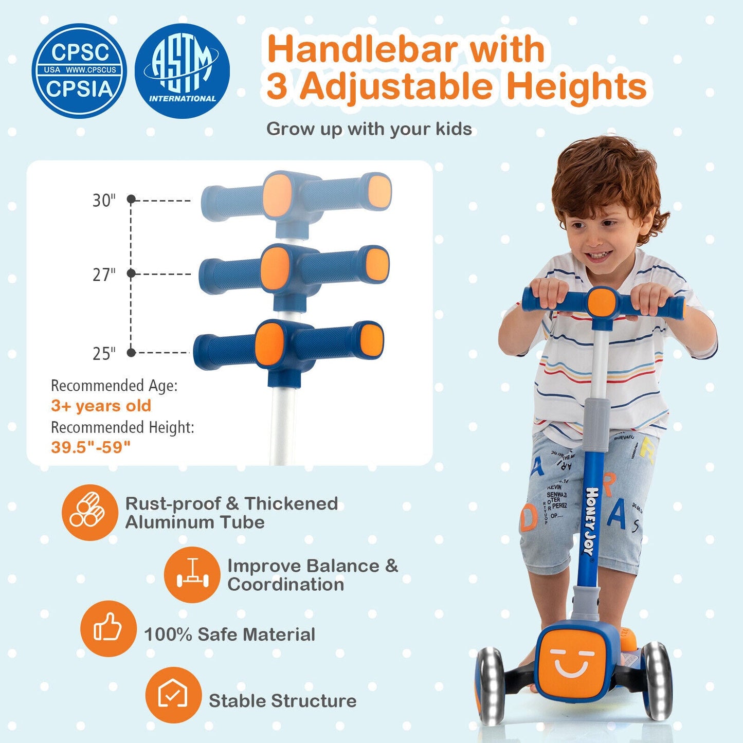 Patinete Plegable Ajustable para Niños con Ruedas LED y Fundas de Emoji - Azul