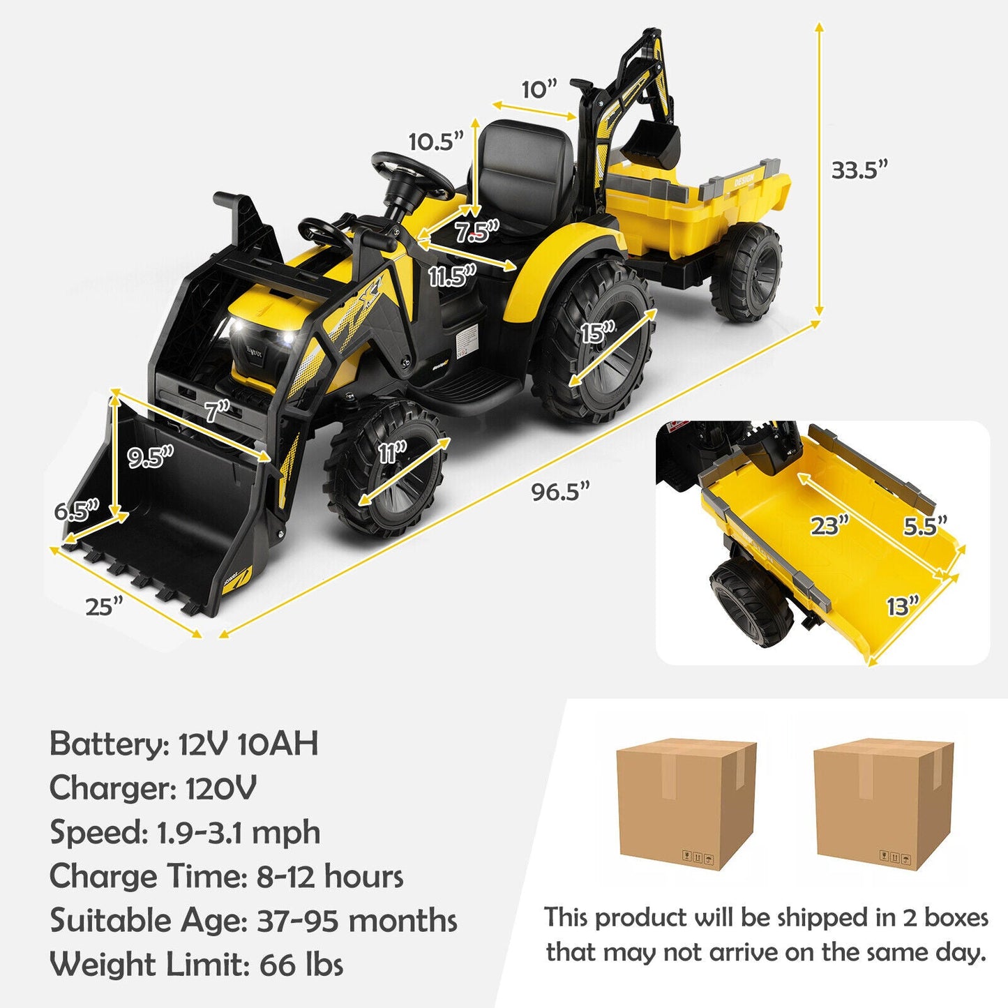 Excavatrice à conduire pour enfants 12V 3 en 1 - Jaune