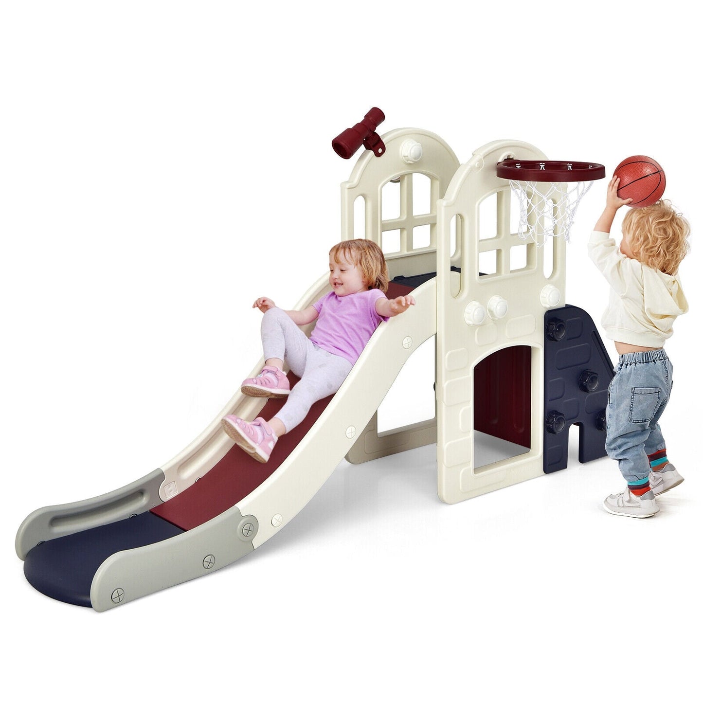 Aire de jeux 6-en-1 avec toboggan pour enfants avec panier de basket - Bleu
